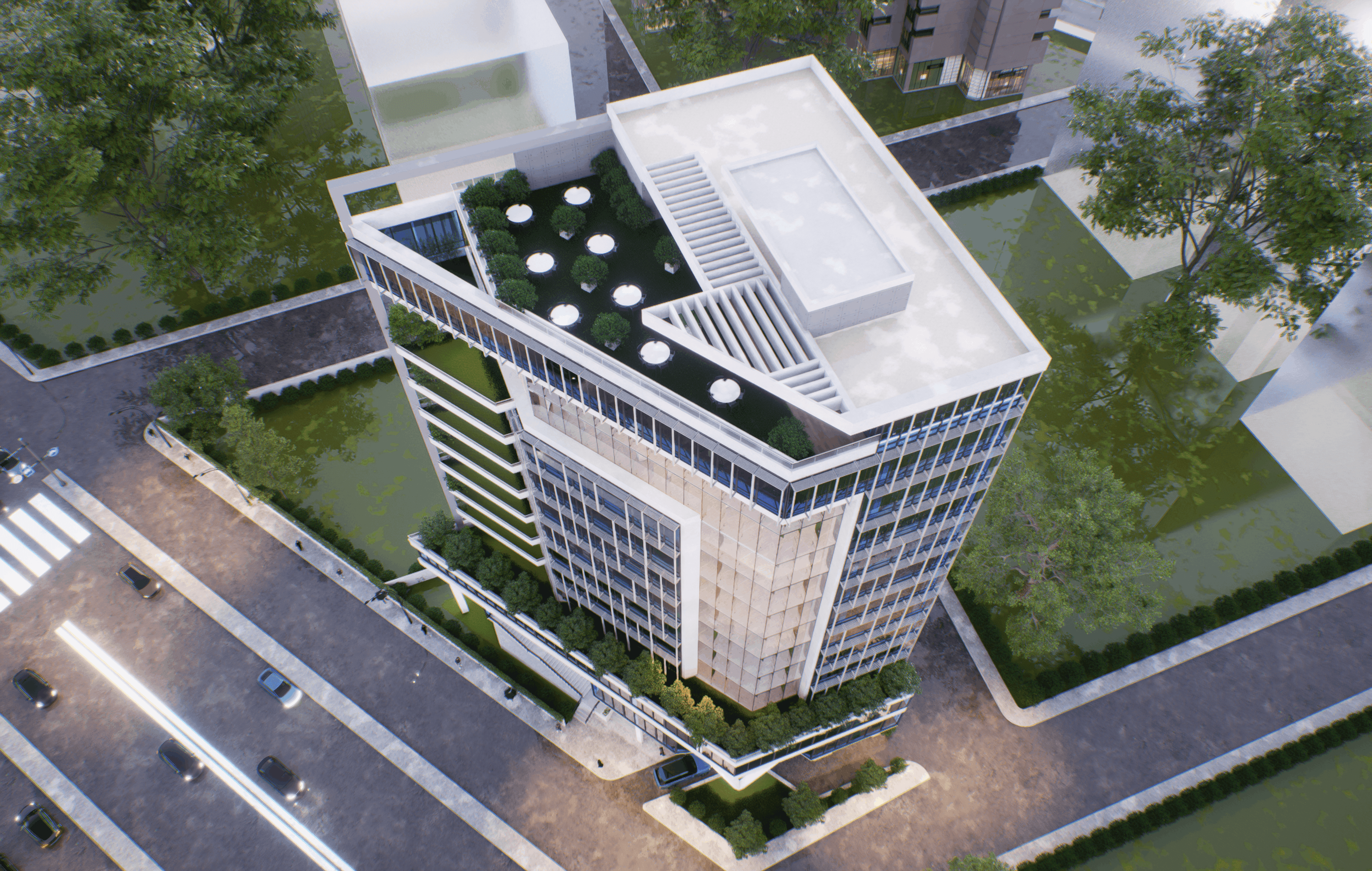 Aerial view of the Head Office: a glass office block with a landscaped roof terrace, set in gardens and water.