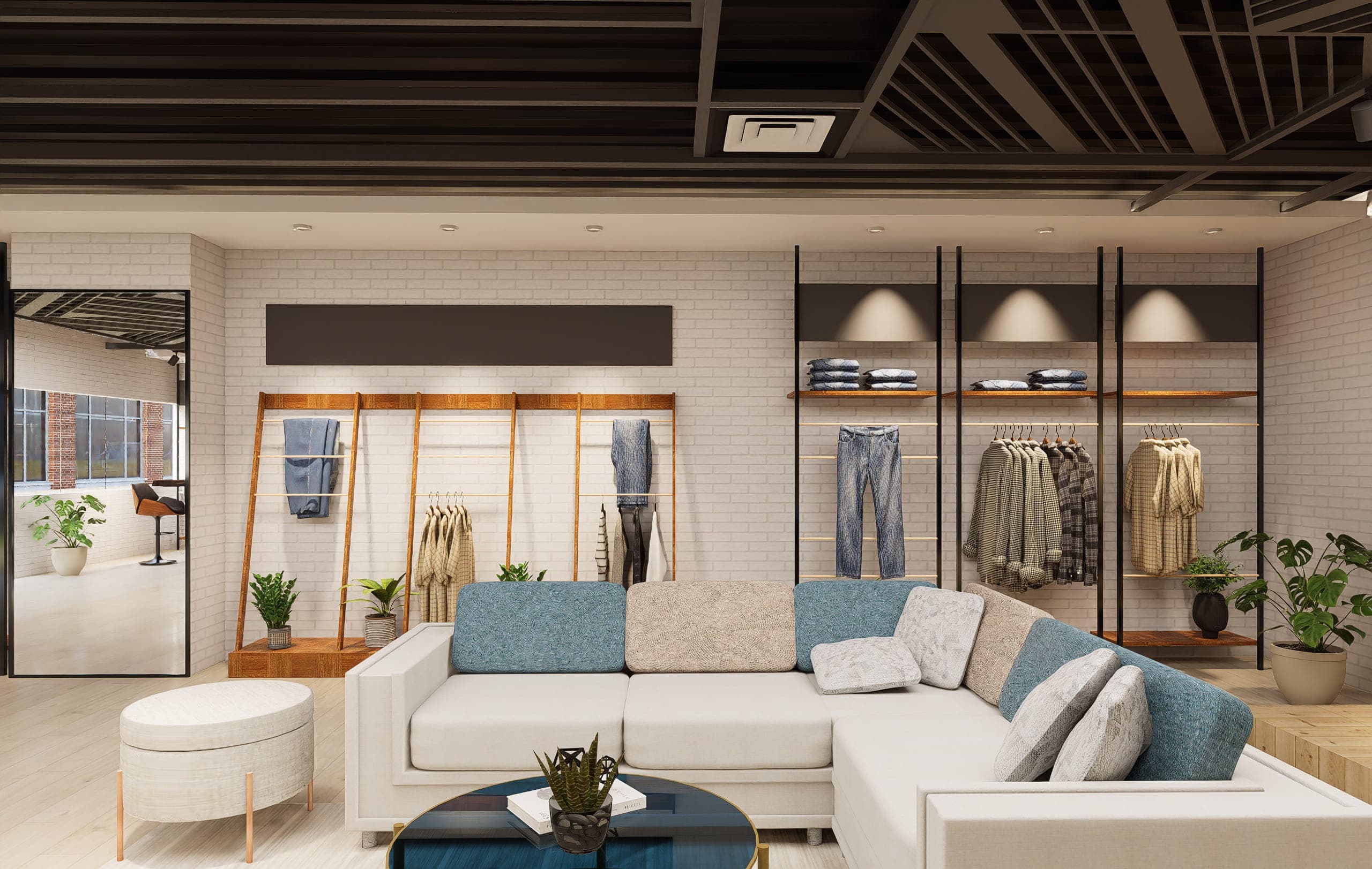 A retail fitout for Xtime Studio: raked timber display ladders and open shelving hang denim and knitwear over a sectional sofa and potted plants.