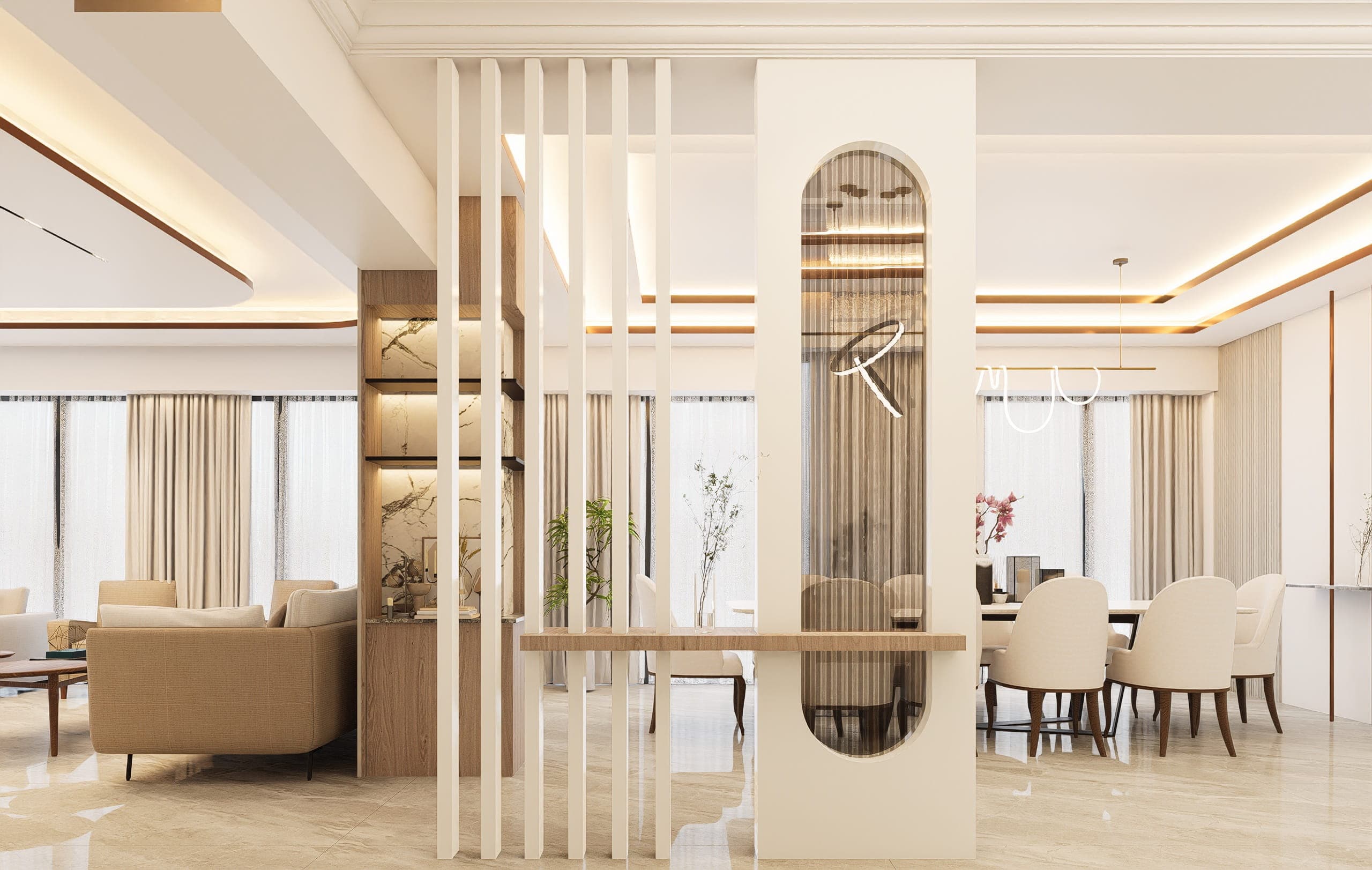 A living-dining divider for a luxury interior: a fluted screen and a backlit monogram set into an arched niche separate the lounge from the dining table beyond.