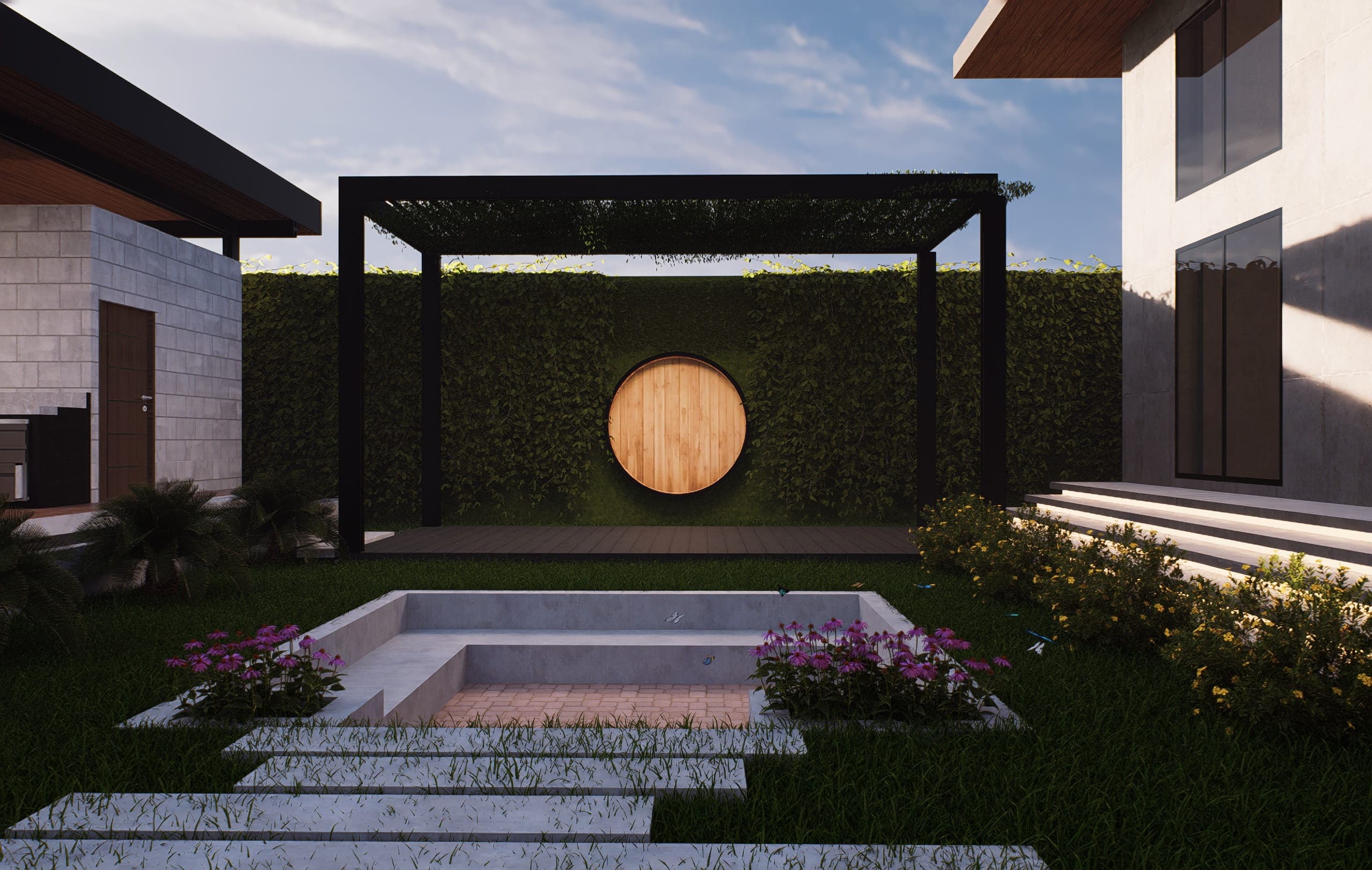 A residence's garden retreat: a black pergola and clipped hedge frame a circular timber door, lit warm above a sunken pool and stepped stone path.