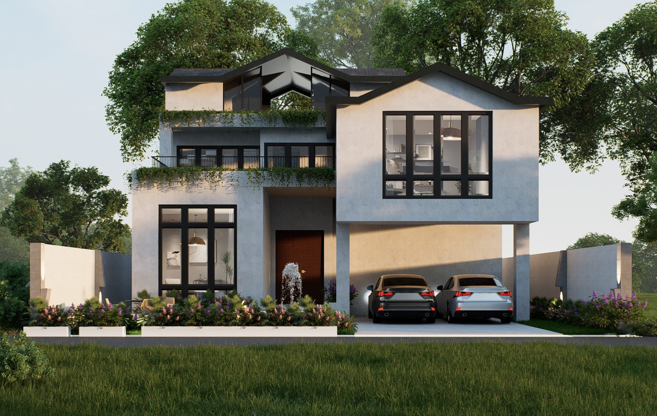 A duplex house viewed from the street: a gabled, plant-draped facade shelters a two-car carport beside a timber entry door and courtyard fountain.