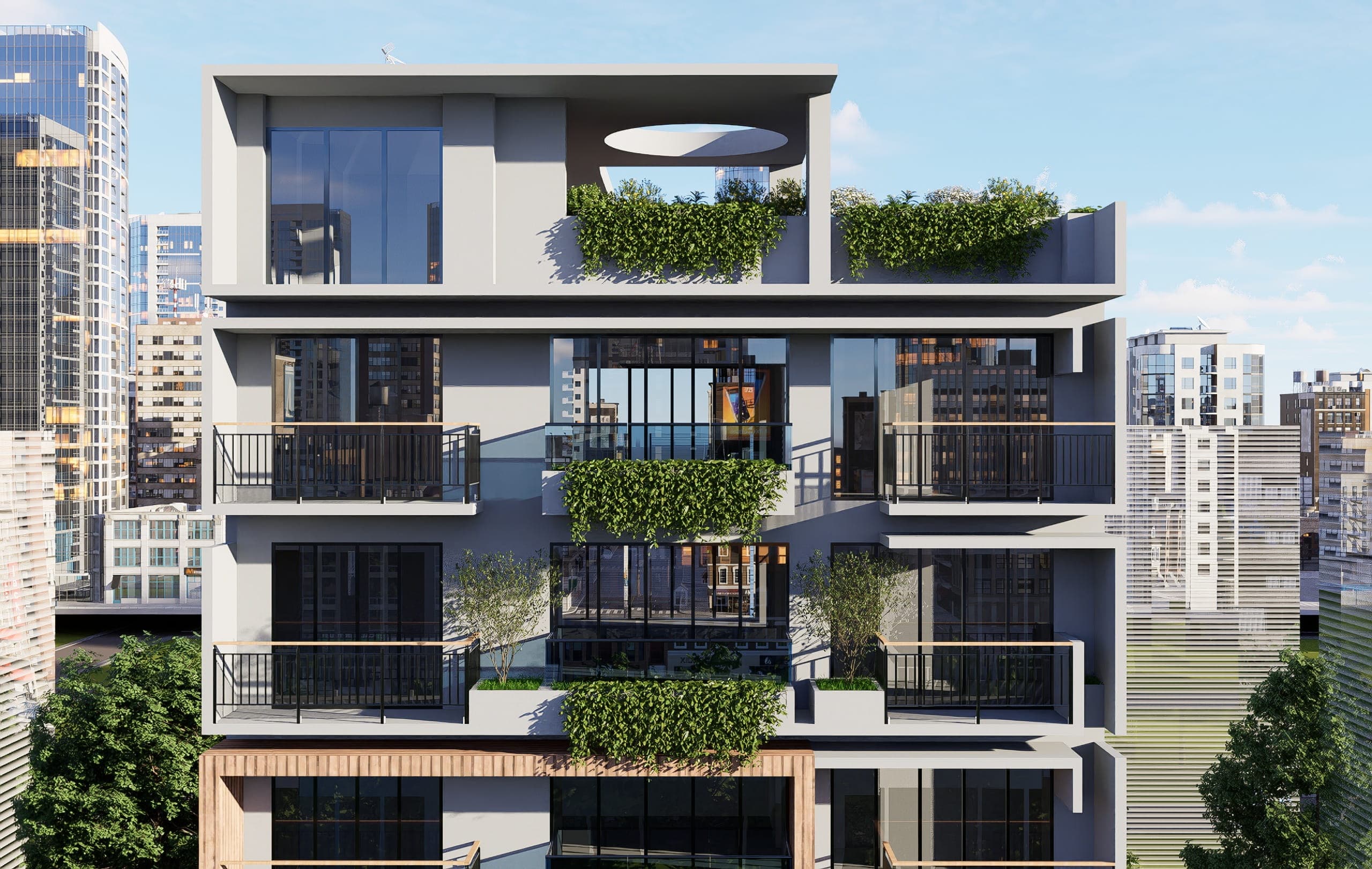 A 10 storied residence: a glass-and-render tower with deep balconies and a circular roof-terrace opening rises against the city skyline.