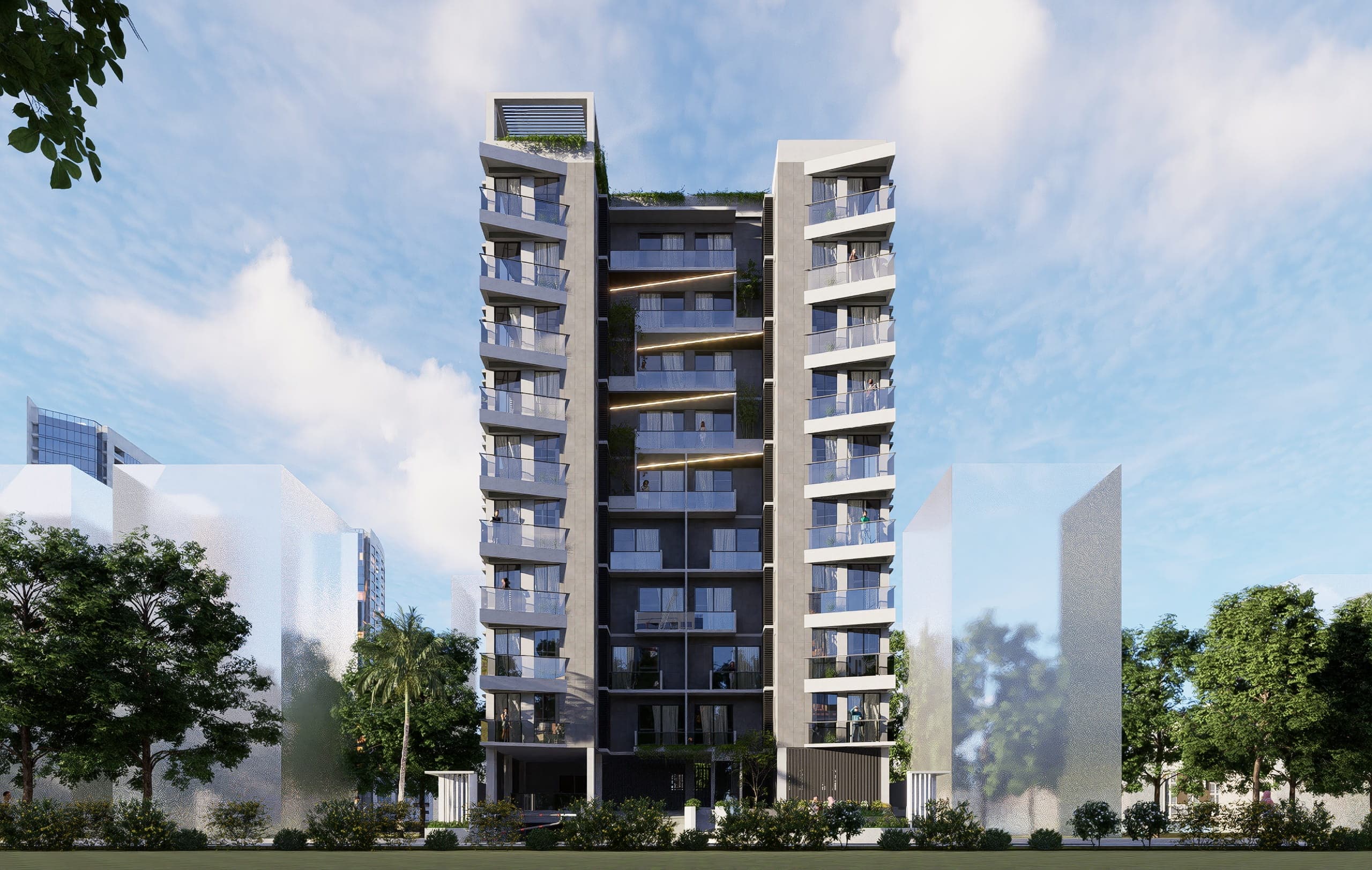 A 10 storied residence: twin planted balcony stacks flank a recessed glazed core rising the height of the tower.