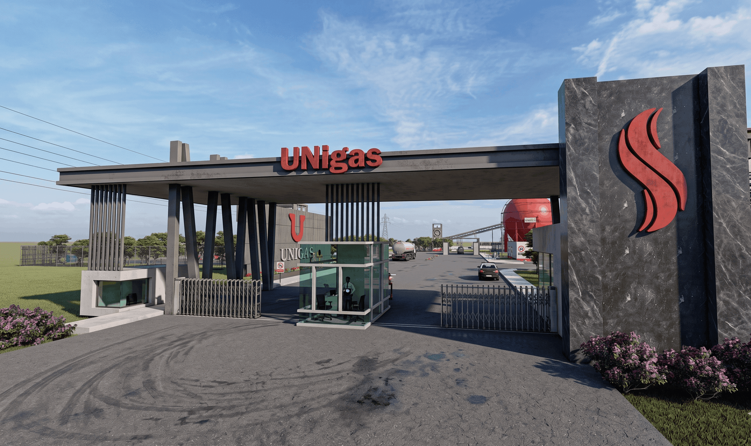 The LPG Plant forecourt: a long canopy over the filling bays with a branded pylon at the entrance.