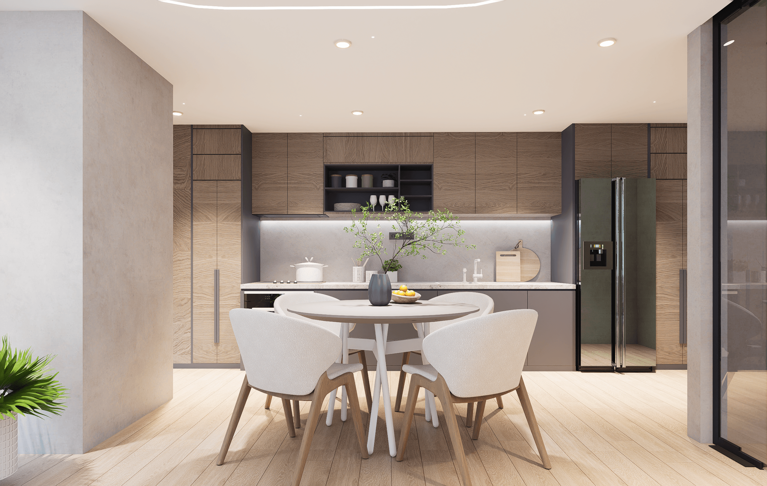A luxury interior kitchen: warm timber cabinetry, a marble-topped island and a round dining table furnish an open-plan kitchen-diner.