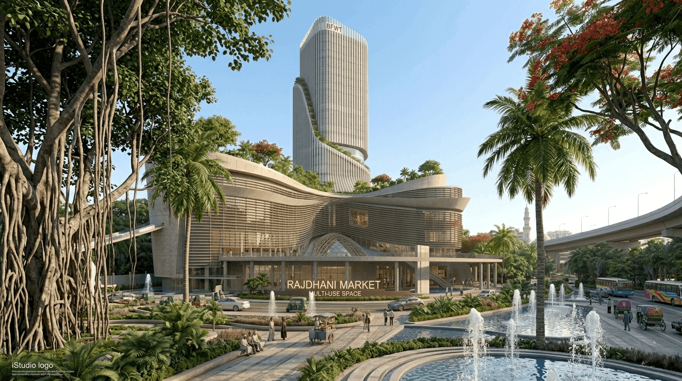 The Market: a multi-use retail block set behind a formal plaza with fountains.