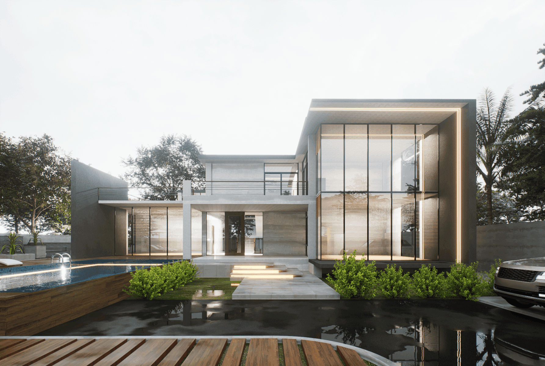 The Mongla Duplex House: a single-storey pavilion of concrete and full-height glass over a reflecting pool.