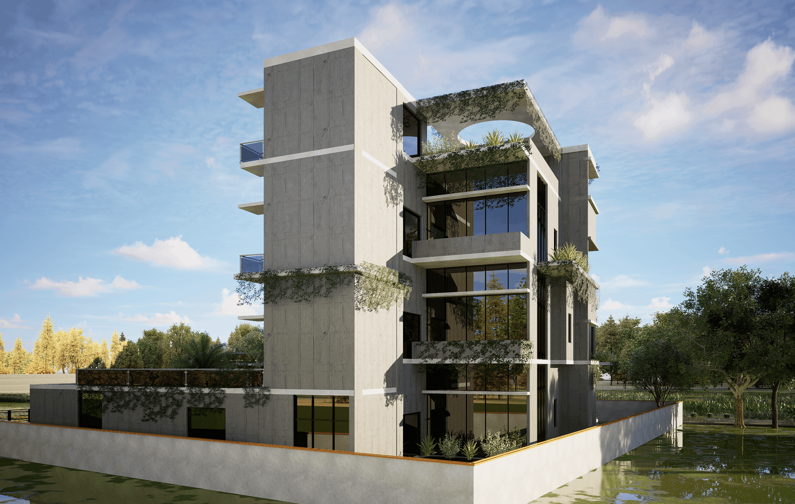 Baganbari: a four-storey retreat with planted balconies stepping up a board-marked concrete face.