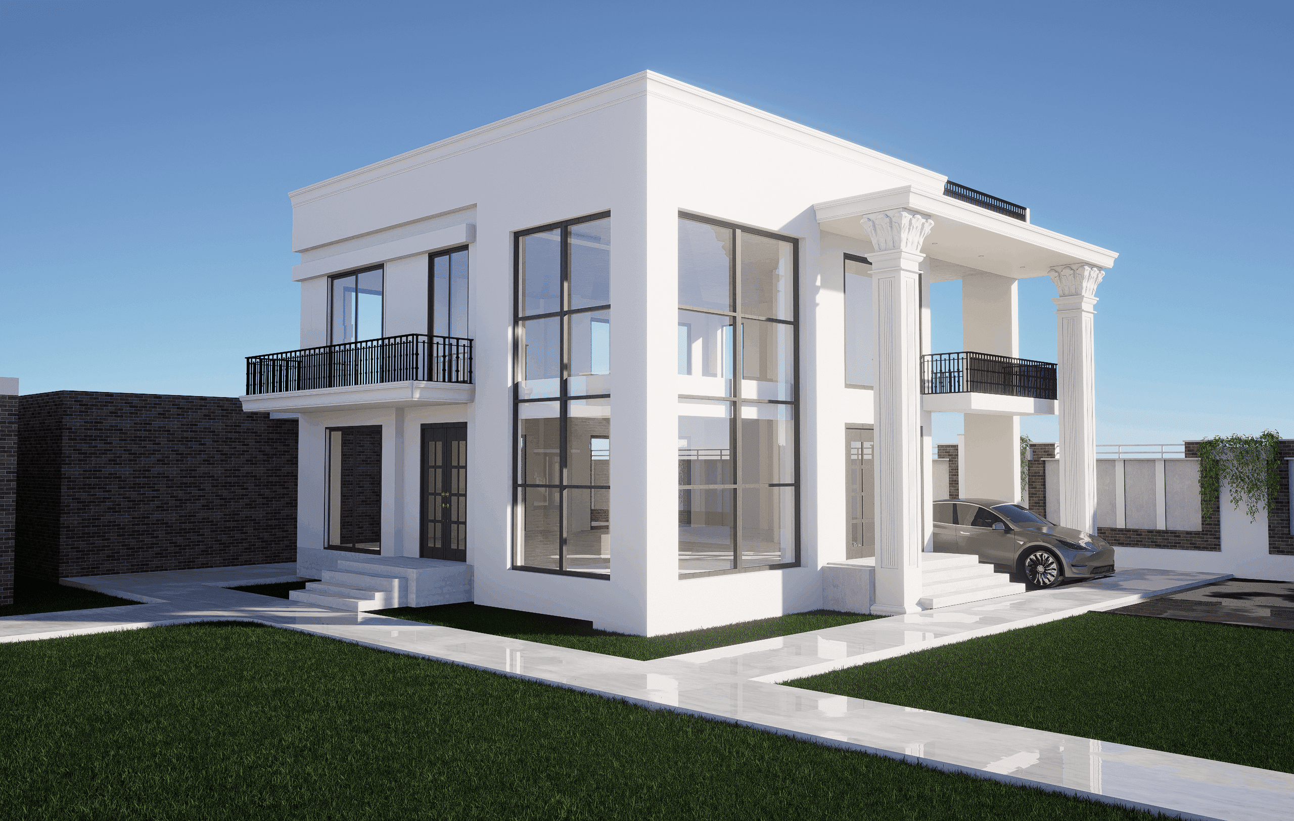 The Gopalganj Duplex House: a white rendered villa with a cubic glazed corner and a deep cornice.