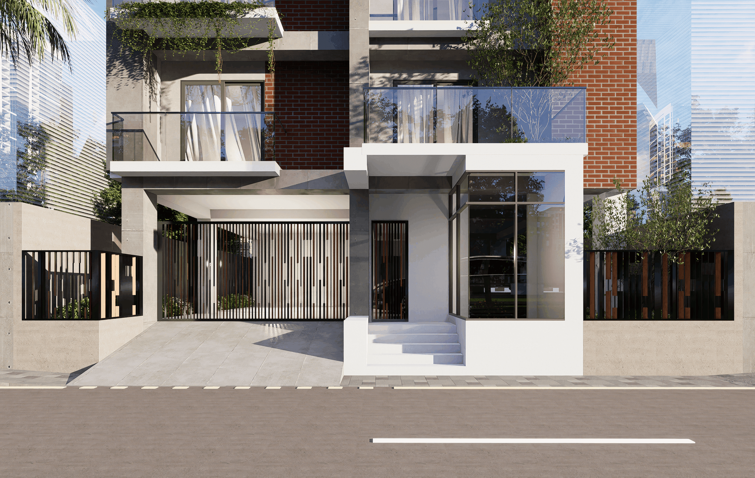 The Bashundhara residence: a six-storey house with a brick-faced upper mass and a glazed ground floor behind a slatted gate.