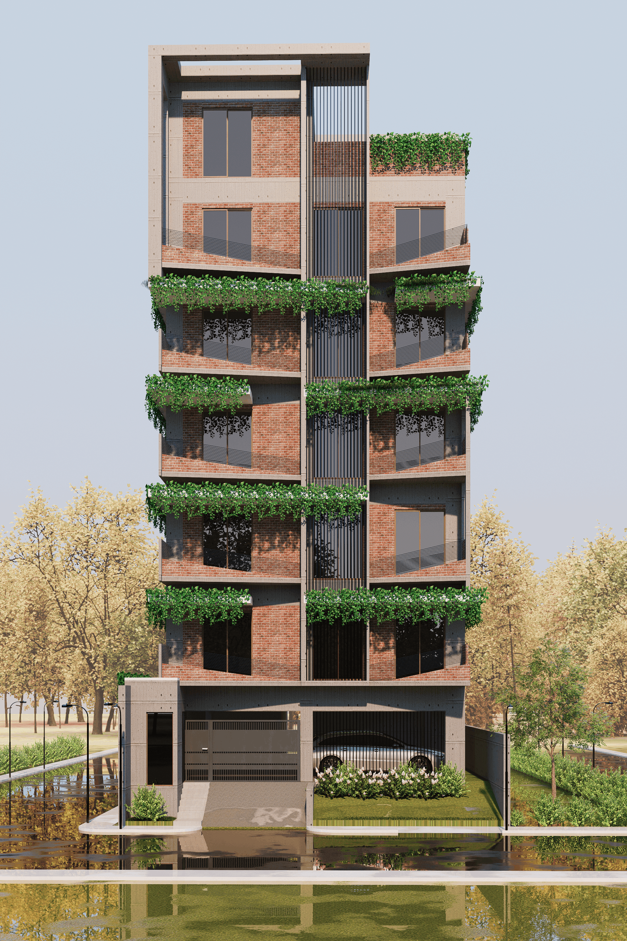 The Uttara residence: a slender six-storey block with every balcony densely planted.