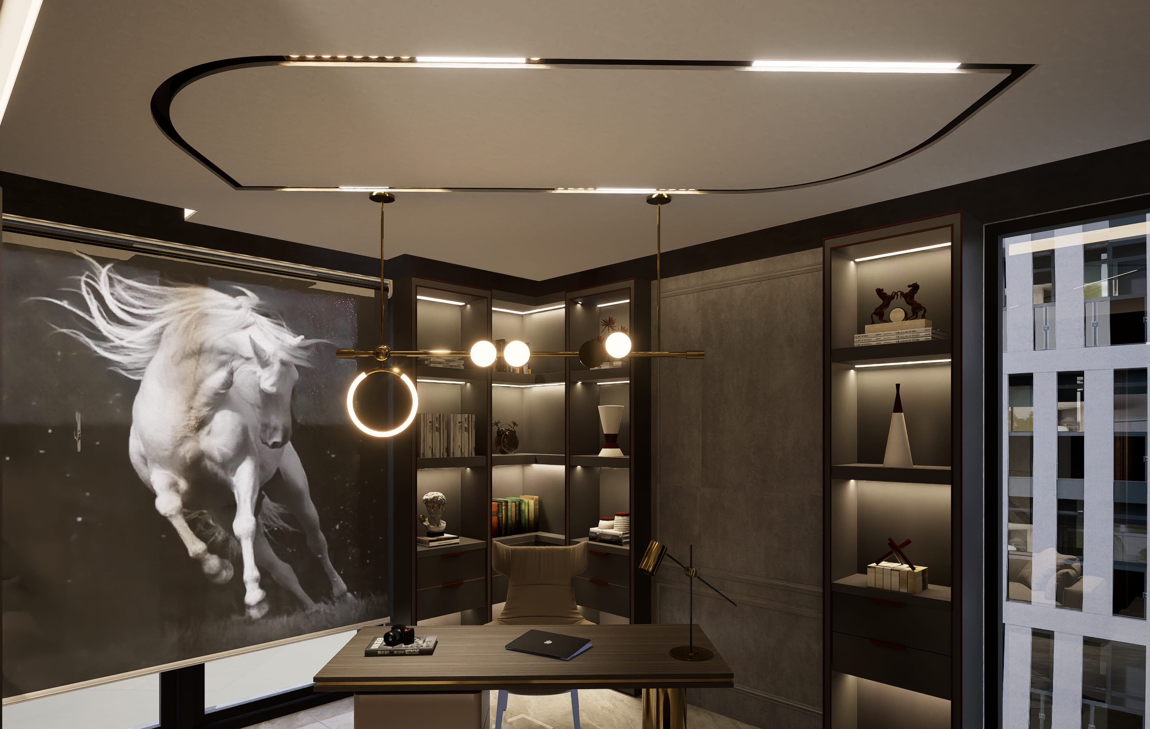 An apartment study: a dark panelled corner with fitted shelving, a ring pendant light and a large equestrian artwork.