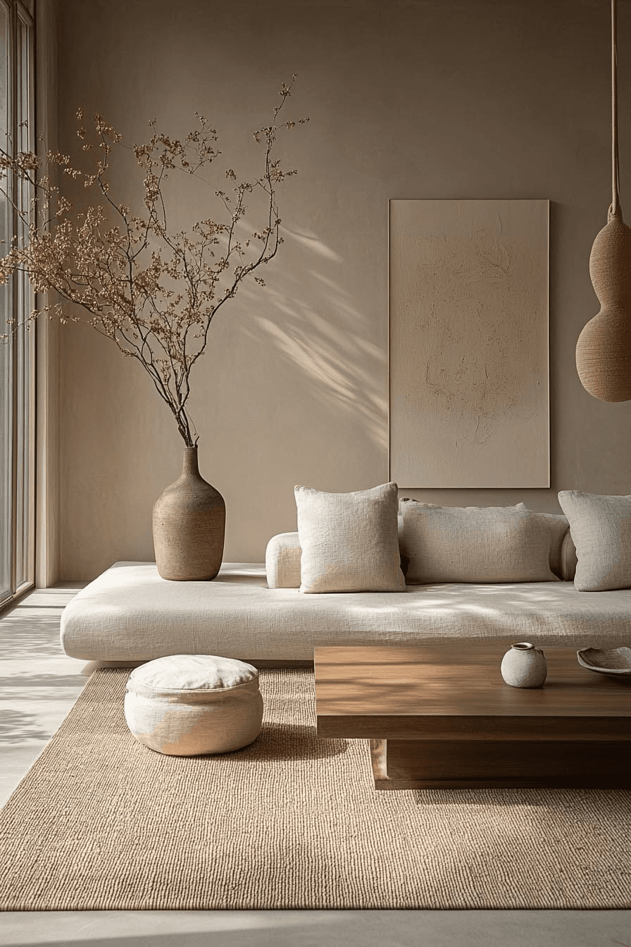 A pared-back living room: a low daybed against a plastered wall, a tall branch in a stoneware vase and a framed abstract canvas.