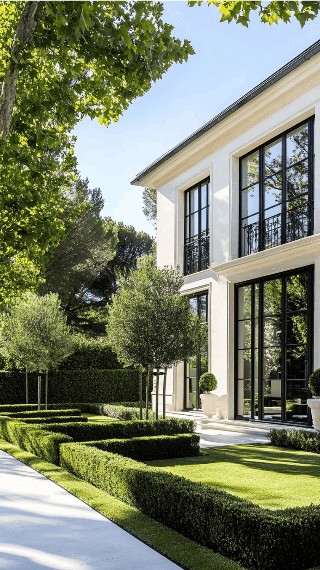 A white villa's garden façade: tall French windows and iron balconies behind clipped box hedges and olive trees.