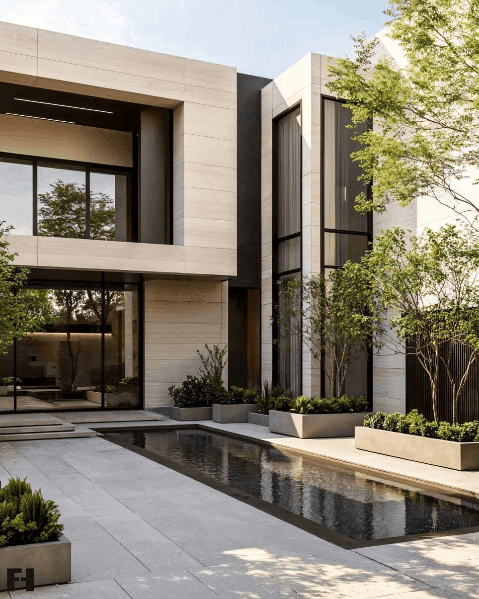 A travertine-clad courtyard house: floor-to-ceiling glazing opening onto a still reflecting pool lined with planters.