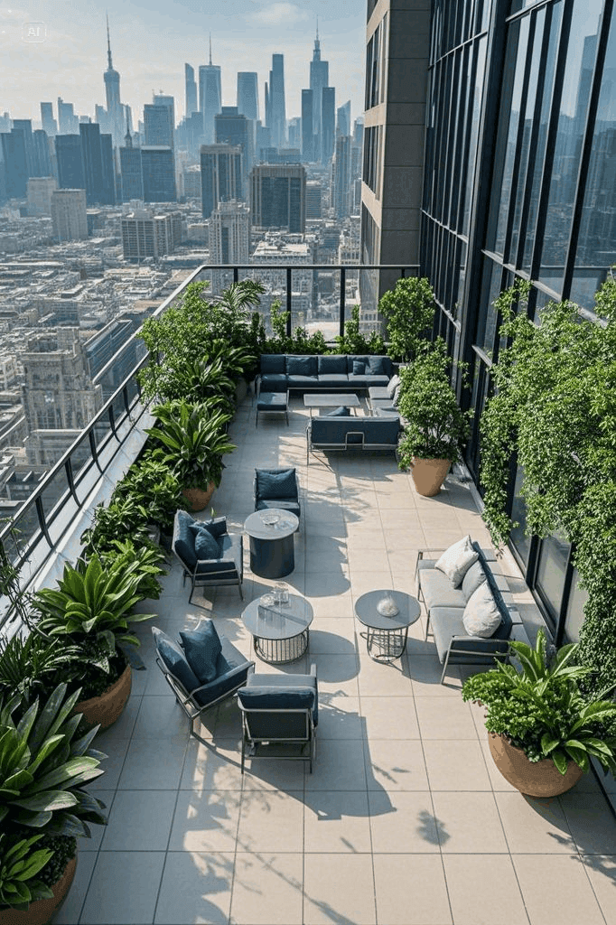 A rooftop terrace lounge with skyline views: potted greenery, low sofas and tables set against the city skyline.