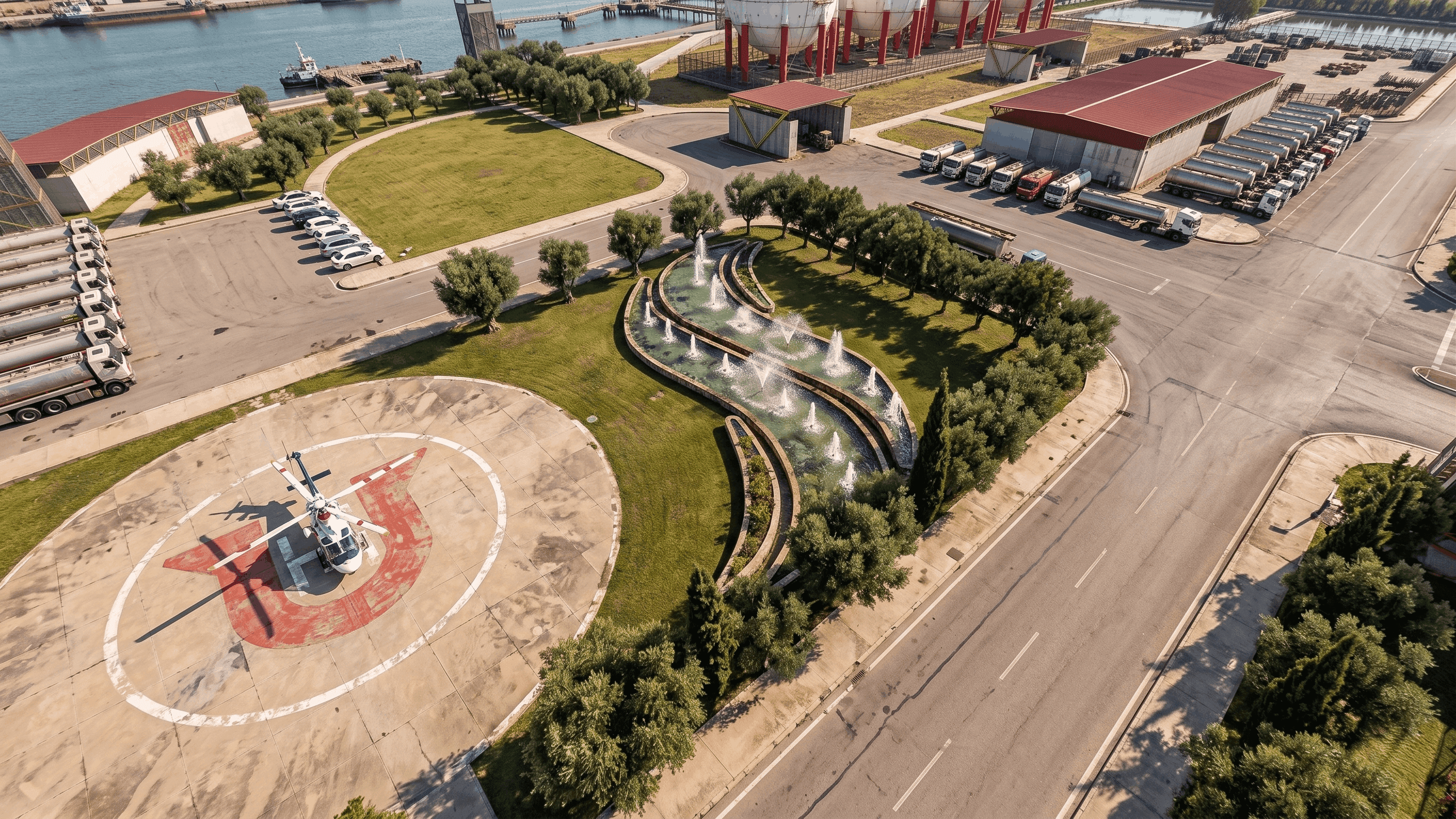 An aerial view of the landscaped grounds: curved planted beds, a fountain walk and mature trees lining the drive.