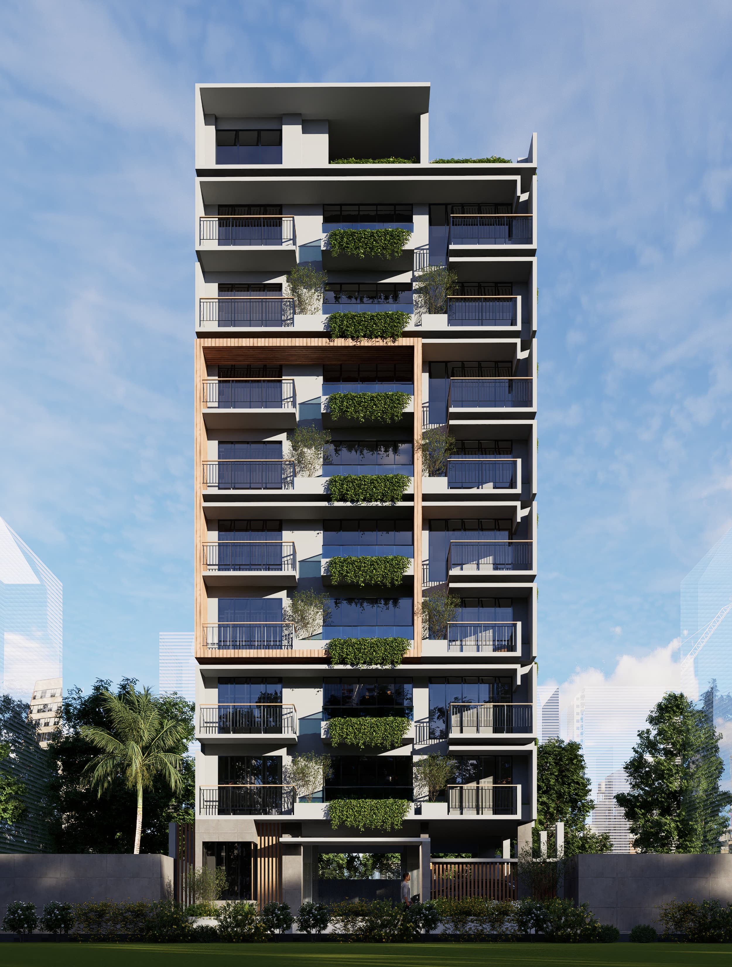Full elevation of an iStudio building rendering.