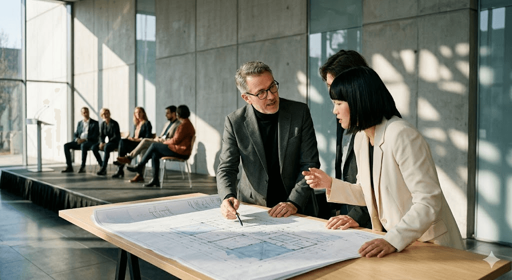 Two colleagues reviewing floor plans on a drafting table in a sunlit, concrete-walled space.