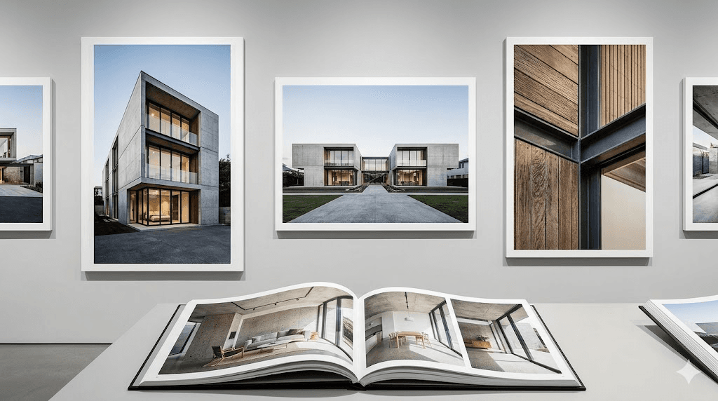 A gallery wall of framed architectural photographs above an open book of interior spreads.