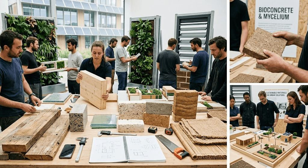 Workshop attendees examining sustainable building material samples across a shared table.