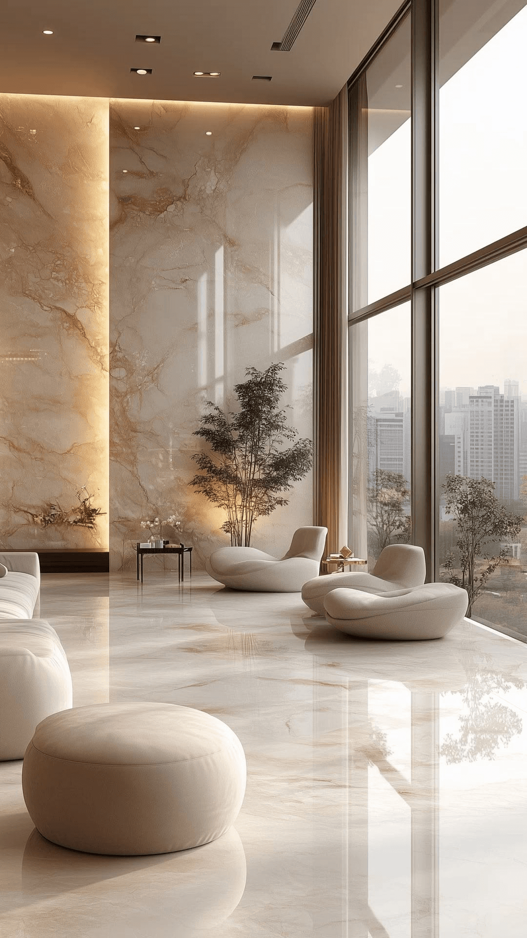 I-Studio designed lounge interior with marble-clad walls and city views.