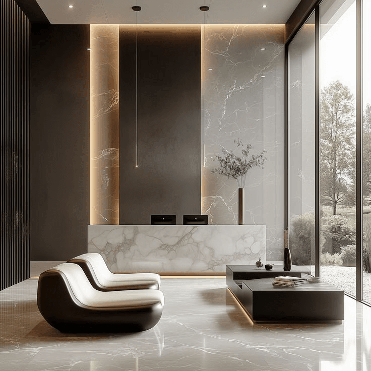 I-Studio designed marble reception lobby with a dark feature wall.