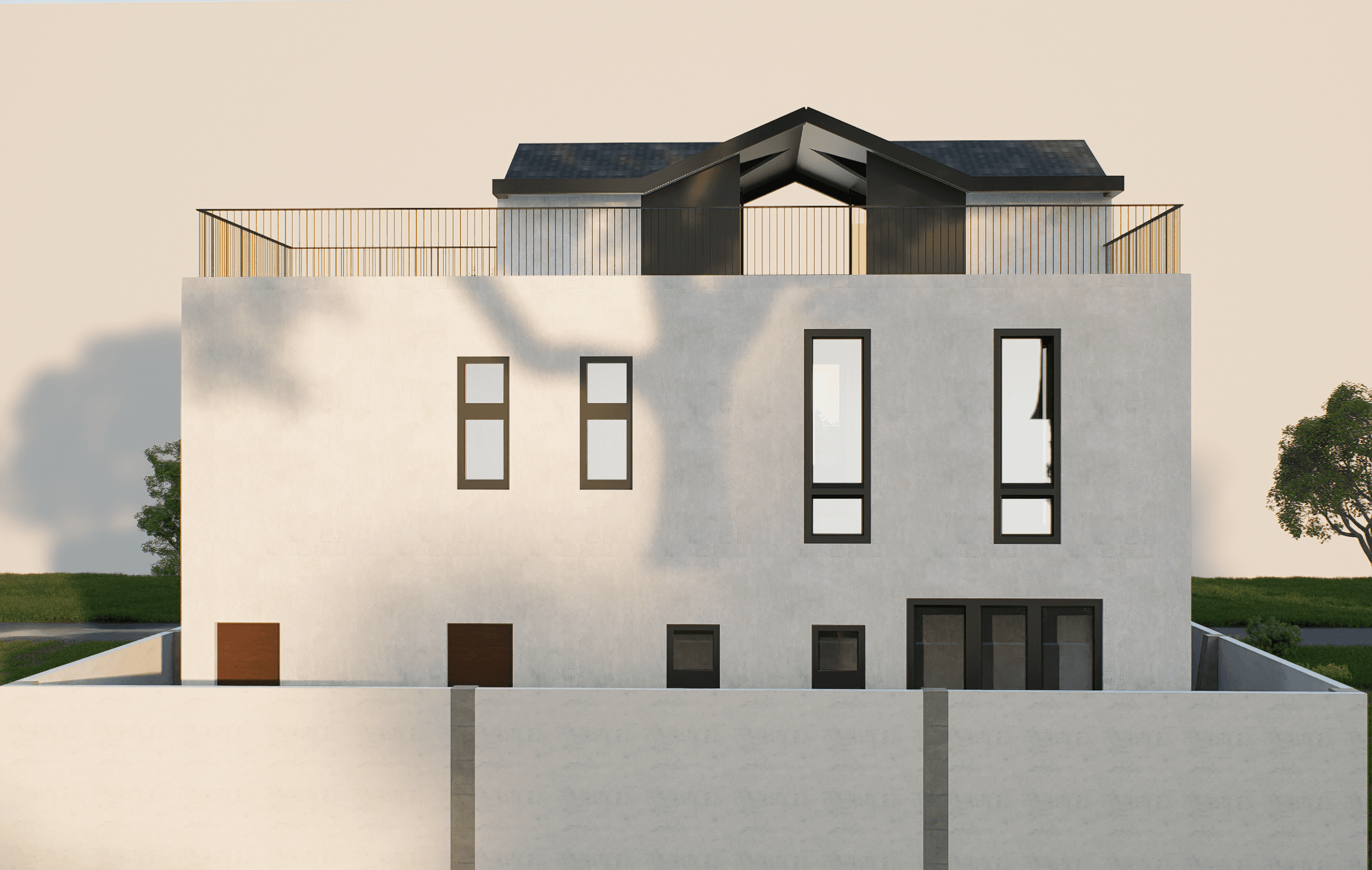 A pale rendered townhouse in warm evening light, with tall narrow windows, a walled forecourt and a dark gabled roof pavilion on its terrace.